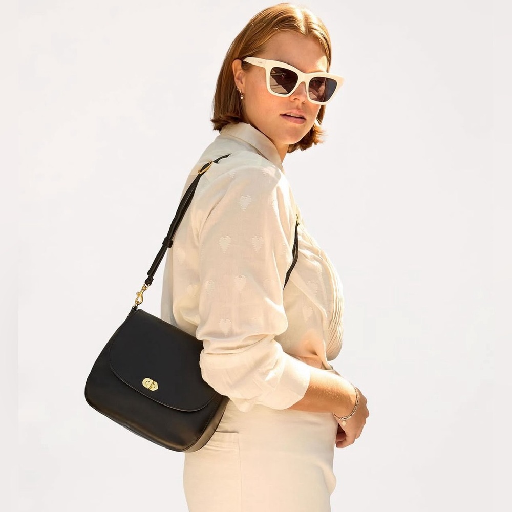 Clare V Turnlock Louis Bag, Black Leather